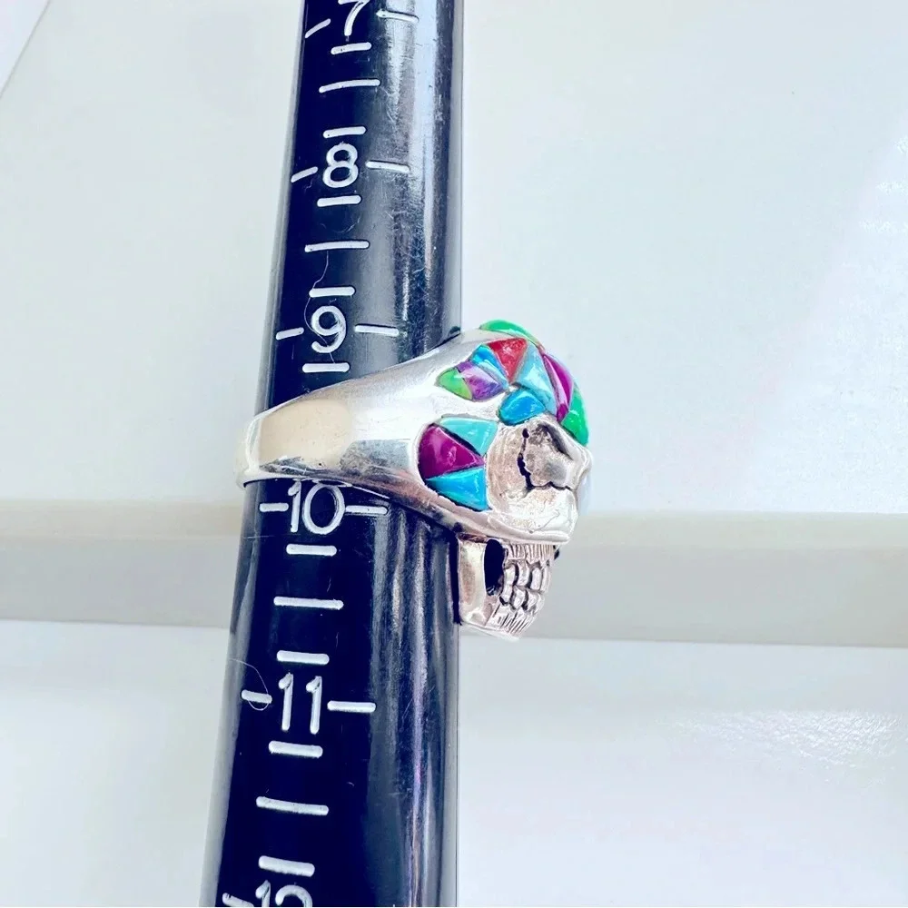 Handmade Sterling Silver & Multi Stone Inlay Skull/Biker/Rocker Ring Size 9.5